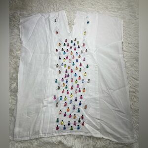 Woman’s White Hand Embroidered Mexican-Style Vneck Tunic Multicolor Size L